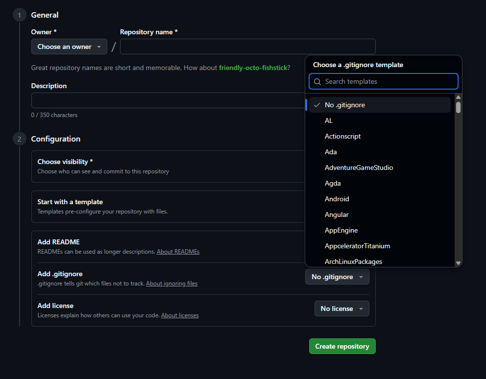 screenshot of GitHub's "create new file" page with .gitignore menu opened