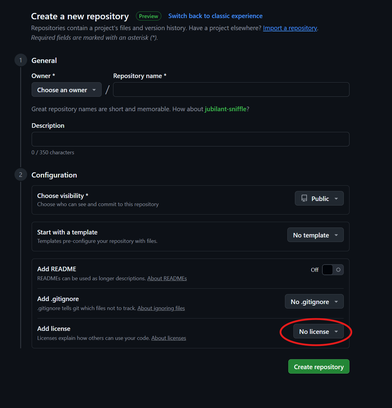 screenshot of license choosing on GitHub