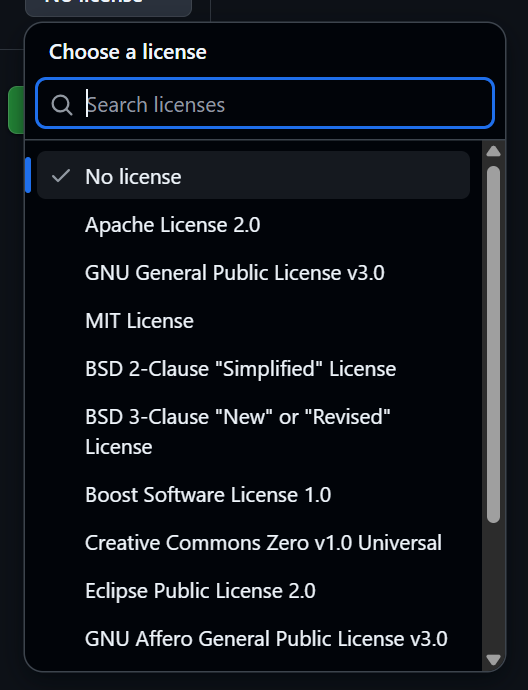 screenshot of license choosing on GitHub