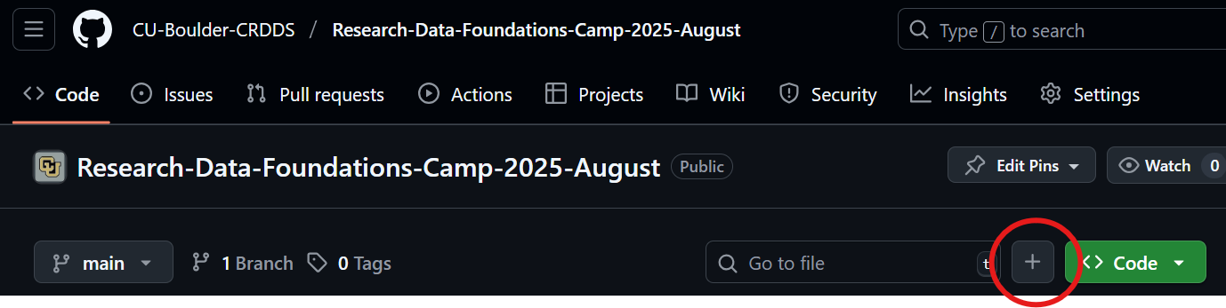 screenshot of GitHub repo with "+" circled