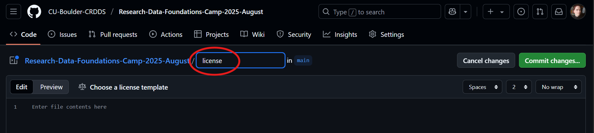 screenshot of GitHub's "create new file" page with "license" in the filename area circled