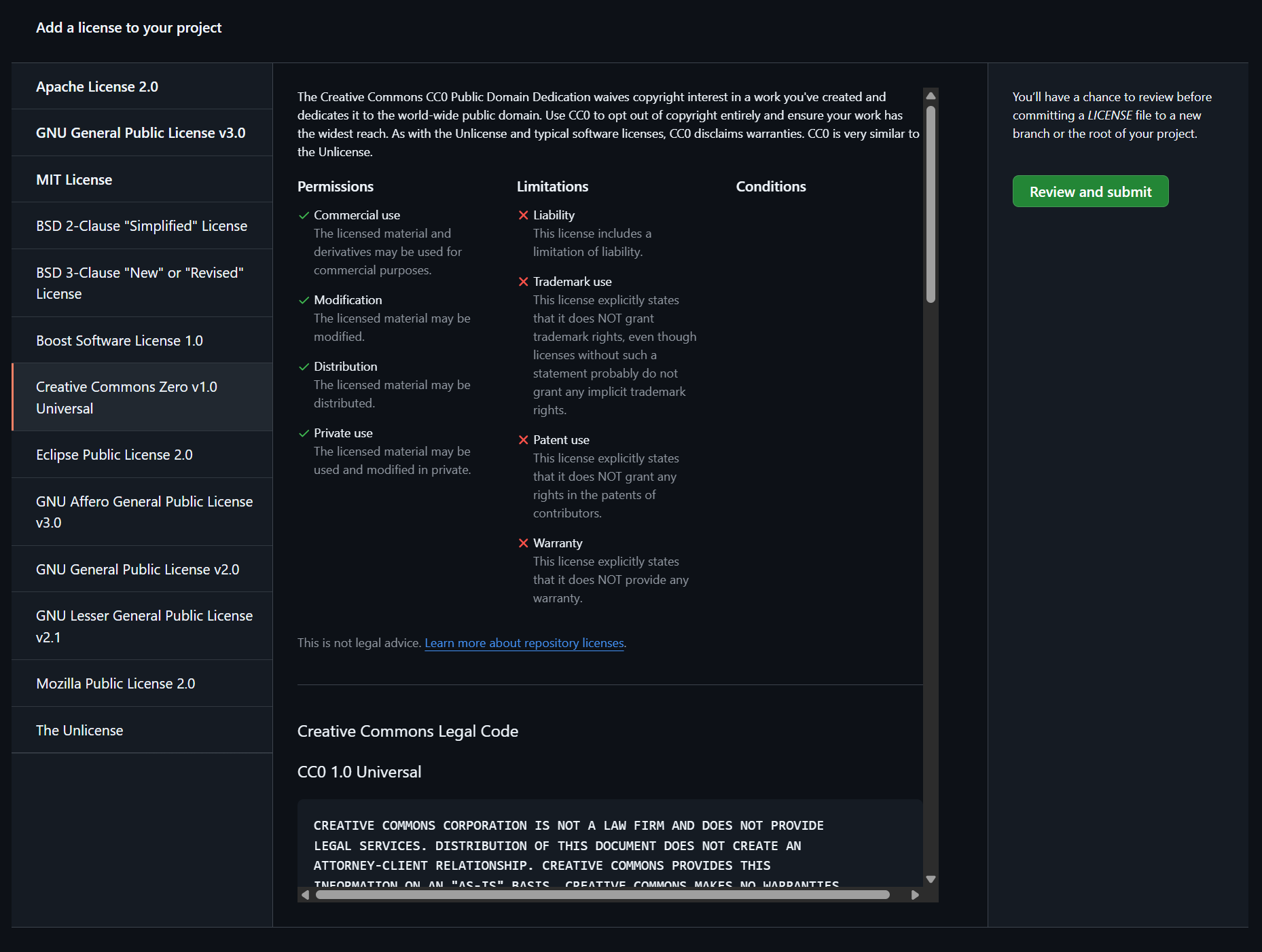 screenshot GitHub giving you options for license options