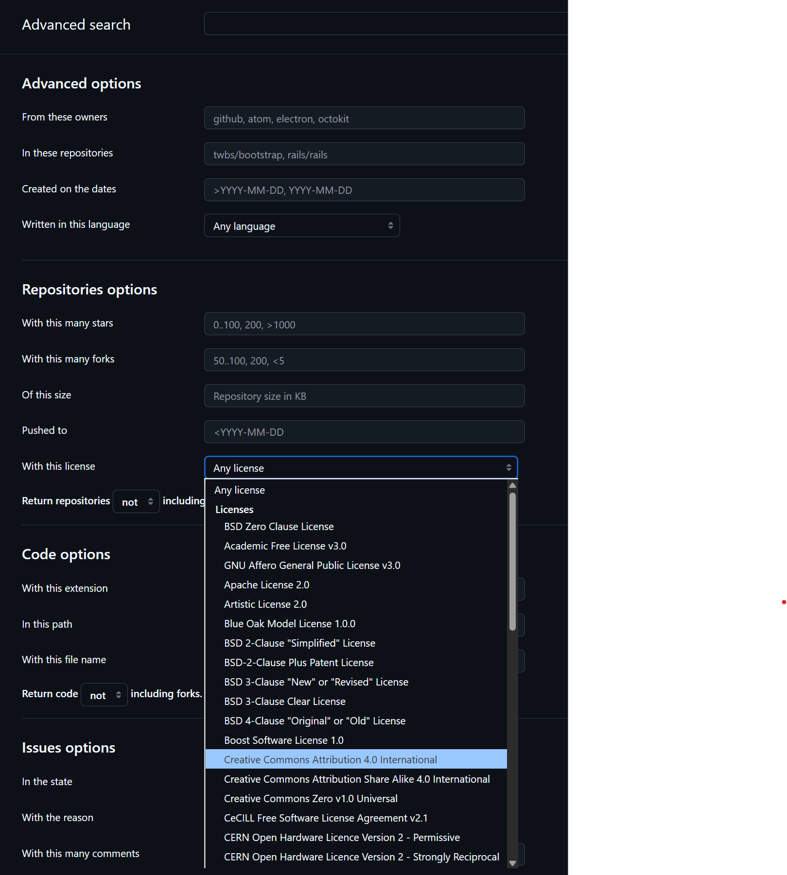 screenshot of GitHub's advanced search with the "license" dropdown open