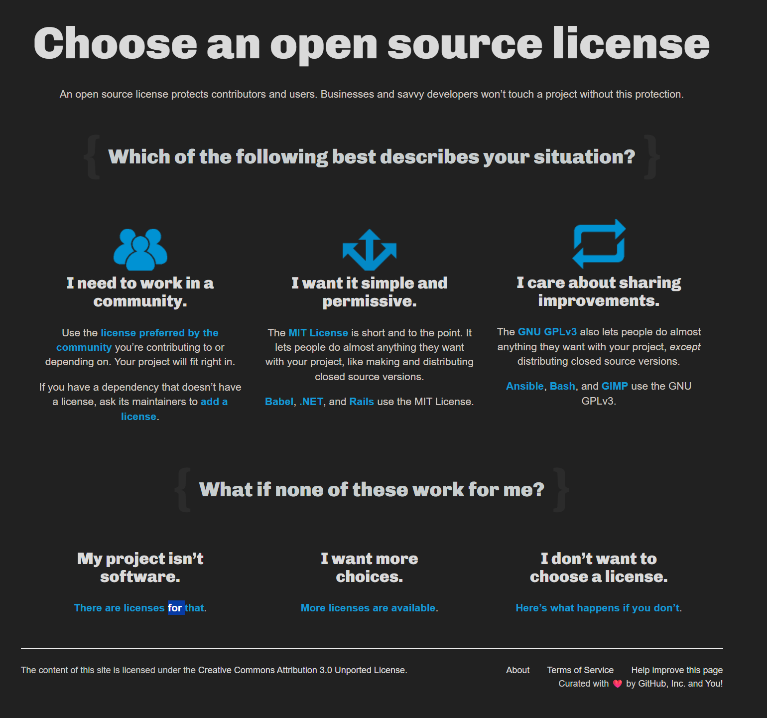 screenshot of "choosealicense.com"