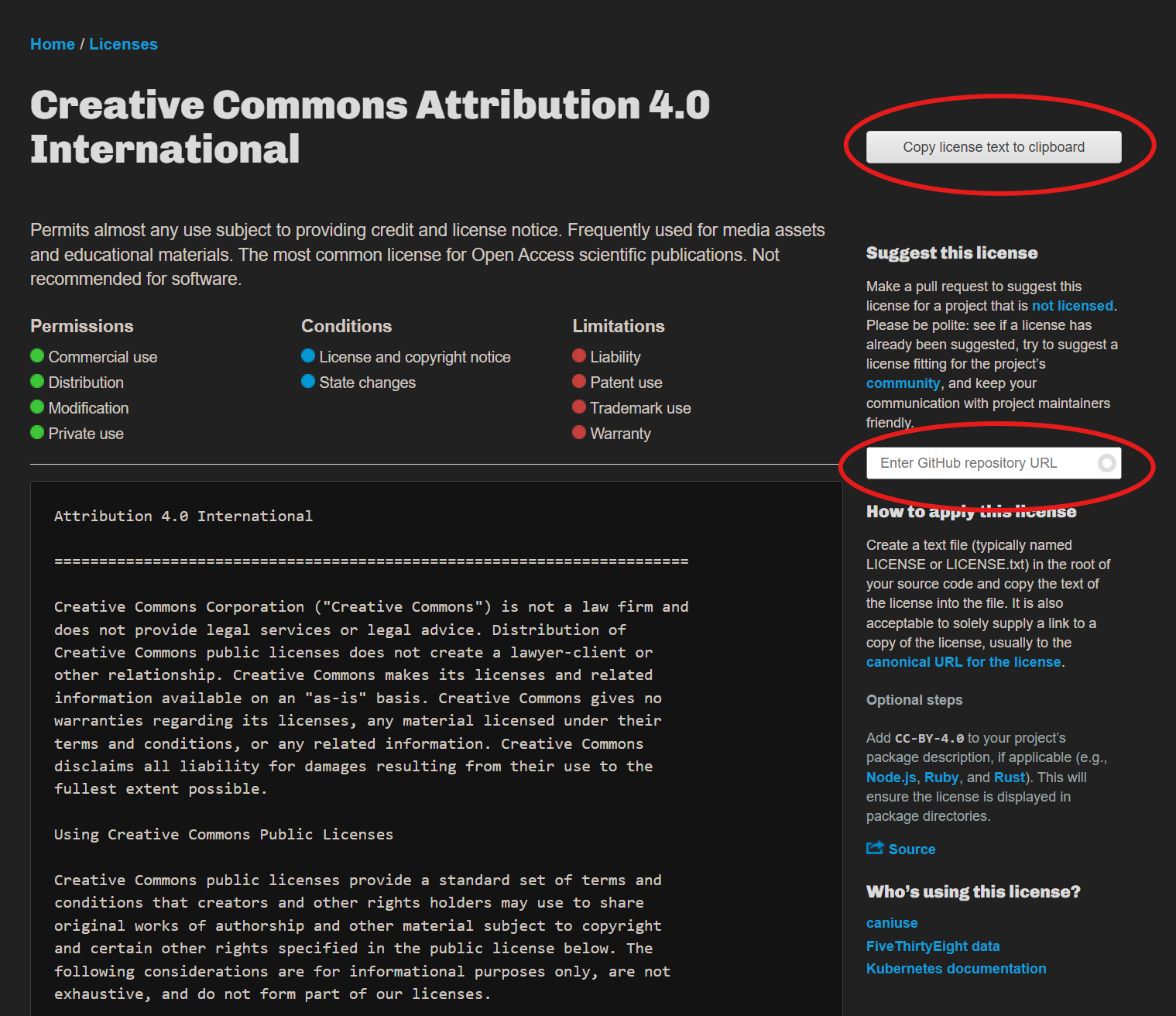 screenshot of Creative Commons license on Choose a License with "Copy license text to clipboard" and "enter a GitHub repository URL" circled