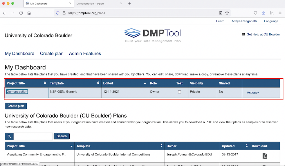 Access DMP from dashboard to make revisions